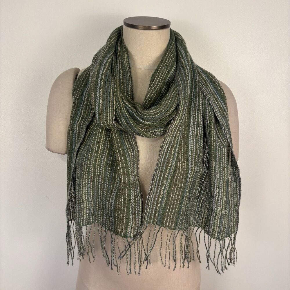 Alpaca21 100% Baby Alpaca Scarf Green Striped Woven Fringe Peru Unisex 67 x 12.5